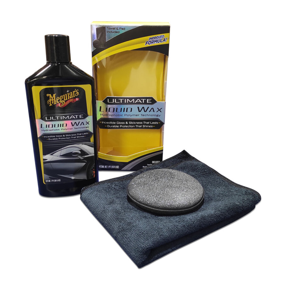 L’eccezionale kit di protezione in cera liquida MEGUIAR’S da 473 ml include un panno e un applicatore